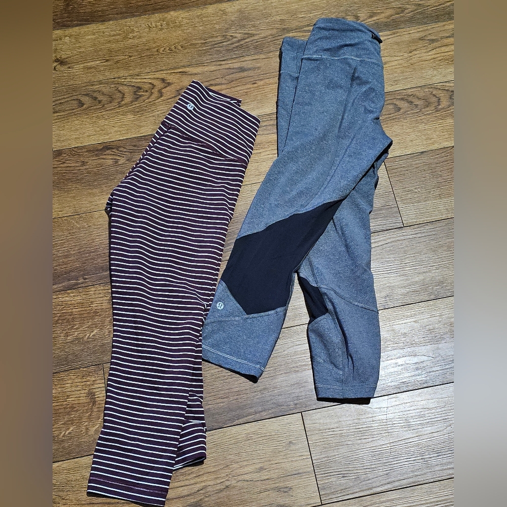 Lululemon Cropped Leggings Yoga Pants Sz 8 Lot Mesh Striped‎ Gray Wine Gym Gear